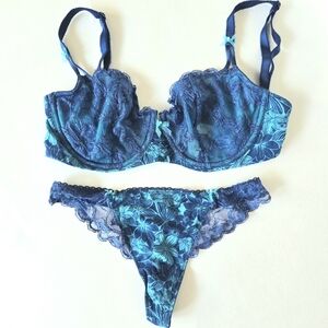 Victoria's Secret Navy & Teal Floral Lace Bra and Thong Set